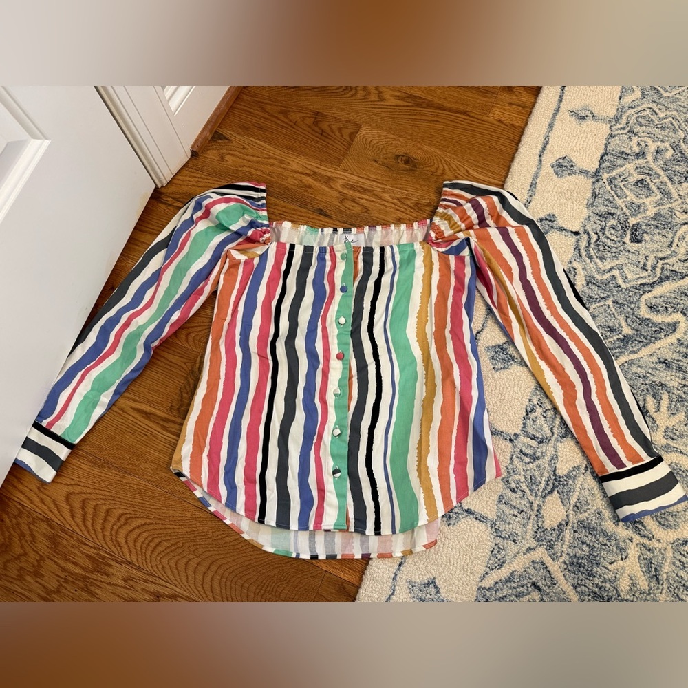 The Shirt by Rochelle Behrens Rainbow Striped Square Neck Shirt size Small